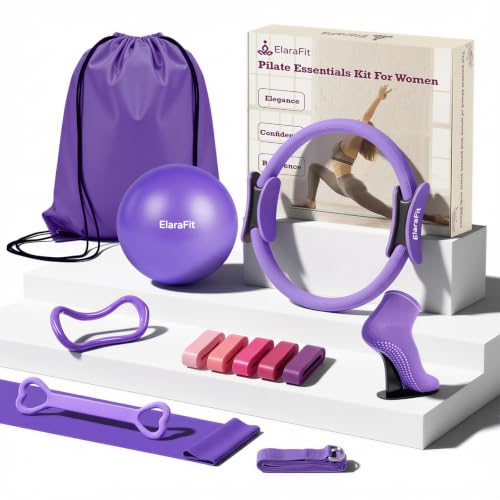 Home Pilates Ring and Ball Set for Women with 5 Resistance Bands 13 inch Magic Circle Workout Starter Kit for Beginners Full Body Toning 15 Min Daily Routine - color: Purple Mix