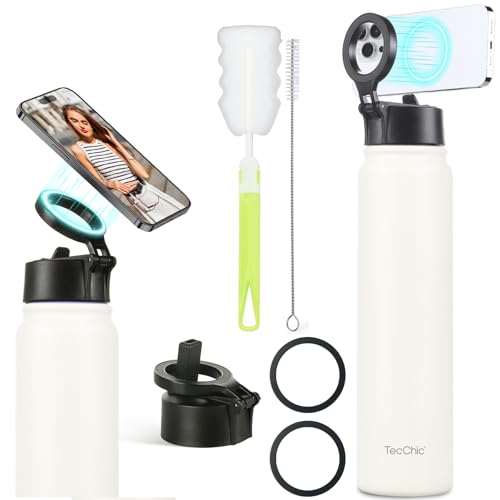 Insulated Water Bottle with Magnetic Phone Holder Compatible with MagSafe and iPhone,Double-Sided Magnet,Hot 12H Cold 24H,Stainless Steel Water Bottle Phone Mount for Sports Travel,24oz (Ivory) - color: Ivory
