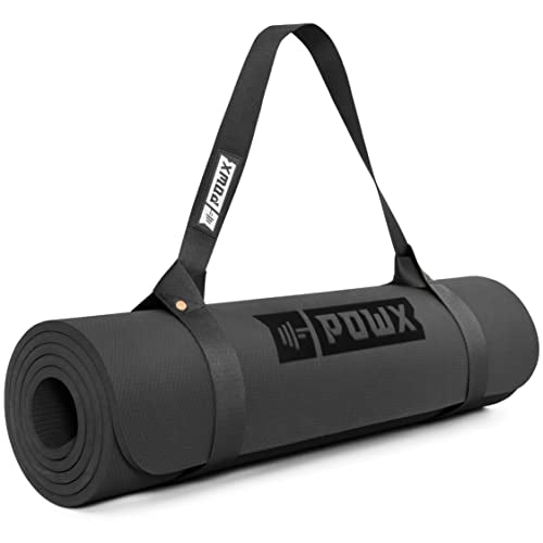 Extra Thick Yoga Mat for Women – TPE 10 mm-Thick Non-Slip Yoga Mat & Nylon Mat Strap – Men’s Fitness & Workout Mats for Home Gym – 26 x 74 In. Indoor-Outdoor Meditation & Exercise Mats by PowX (Black)