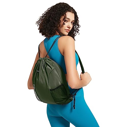 WANDF Drawstring Backpack, Gym String Bag with Shoulder Pad - color: M, Dark Green, size: Medium
