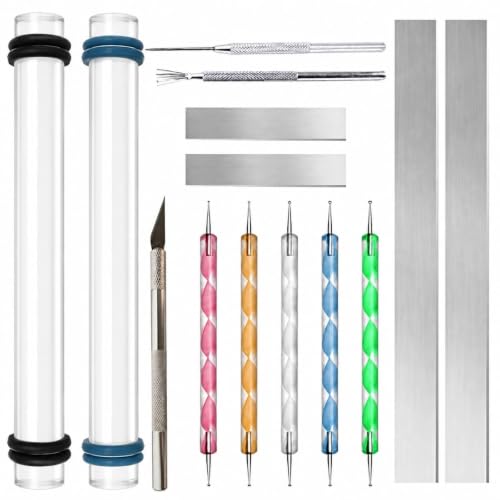 DIYOOHOMY 18 Pcs Polymer Clay Tools Kit, Rolling Pin with Thickness Rings | Air Dry Clay Jewelry Earring Making Set Sculpting, Small Acrylic Roller, Dotting, Tissue Blades Cutters Craft Knife, Needle - color: 14 Pcs