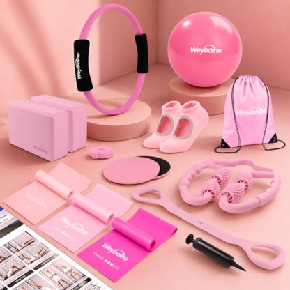 12 PCS Pilates Kit for Home Workouts,Pink Pilates Set with Yoga Block | Pilates Equipment Set for Women, Yoga Kit with 14" Ring Ball,Bands, Ankle Cuffs,Cellulite Massager,Portable Pilates for Gym