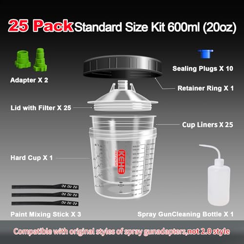 Disposable Paint Cups for Spray Gun,Mixing Cups 20 Ounce (600ml) Kit with 25 Cups and Lids with Strainer System for HVLP&LVLP,1 Hard Cup with Retainer Ring,10 Plugs,2 Adapters,3 Mixing Sticks - size: 20 oz (Standard)-25Pack