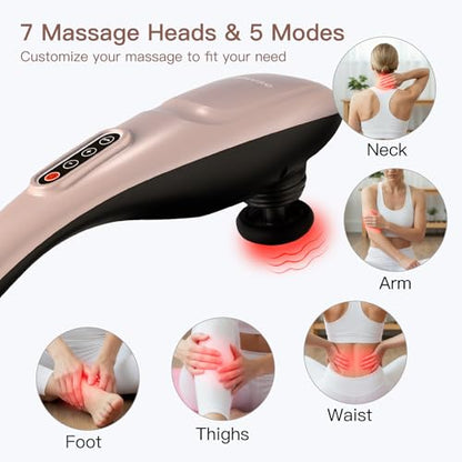 MEGAWISE Cordless Handheld Back Massager w/Rechargeable 3200mAh Battery, 5 Speed and 5 +2 Massage Nodes with Hard, Medium and 2 Soft Silicone Nodes; Massage While Moving Around (Rose Gold) - color: Rose Gold