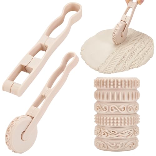 UNICRAFTALE 6Pcs Clay Texture Rollers Set with Interchangeable Rollers and Handle Antique White Polymer Tools Clay Stamp Roller for Pottery Ceramic DIY Crafts 2.15x0.55 Inch