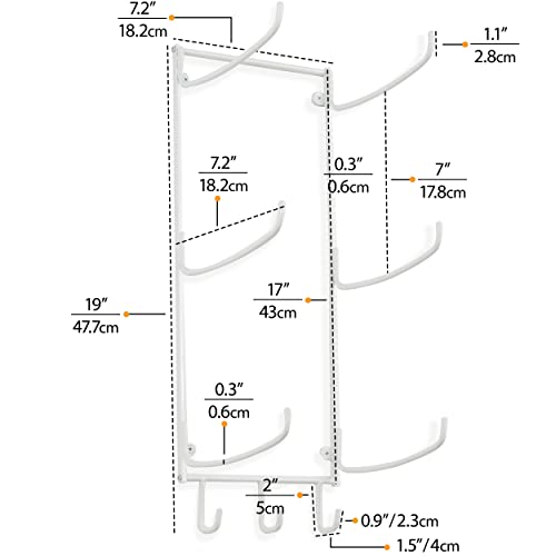 Wallniture Guru Yoga Mat Holder Wall Mount with 3 Hooks for Hanging Yoga Strap, Resistance Bands, 5-Sectional Metal - color: White, size: 19'' H | 3 Sectional
