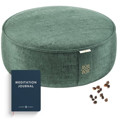 Mindful Modern Velvet Meditation Cushion | Luxe Zafu Yoga Floor Pillow Seat | Posture Support | Buckwheat Hull Filled | Large Round Cushion with Removable Washable Cover + Carry Handle - color: Emerald