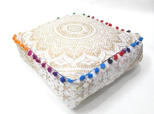 INDIAN CRAFT CASTLE Mandala Mandala Barmeri Large Floor Pillow Cover Cushion Meditation Seating Ottoman Throw Cover Hippie Decorative Zipped Bohemian Pouf Ottoman Cases White Gold Ombre 16" Square