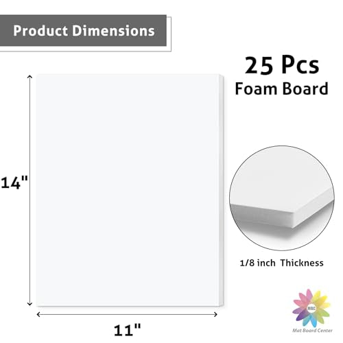Mat Board Center 11x14x1/8" White High-Grammage Foam Core Board Pack of 25 | Acid Free, Polystyrene, Warp-Resistant, Double-Sided Foam Poster Board, Easy to Cut & Write for Display, Draw, Crafts & Art - color: White, size: 11x14