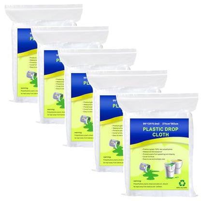 5 Pieces Plastic Drop Sheets for Painting, Waterproof and Dust-Proof Clear Cloth for Furniture Cover, 9x12 Feet Tarps - size: 5 Pieces