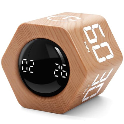 Productivity Cube Timer, 1/5/10/30/60 Min Presets, Wood Grain Finish | Gravity sensor, mute and vibration modes; ADHD-friendly desk timer for work, study, kitchen and back to school - color: Wood Grain