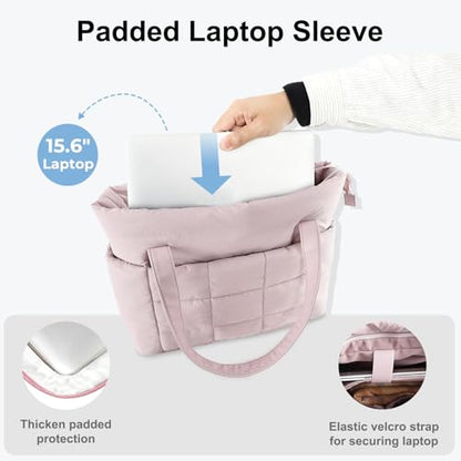 U+U Puffer Tote Bag for Women, Quilted Work Tote with Compartments | Work-to-Travel Design with Yoga Mat Strap - color: Dusty Pink