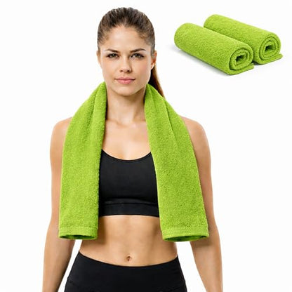 EOC Sports Towel 2 Pack, 100% Cotton, 12x51 in, Lime Green | Oeko-Tex certified, ultra absorbent, quick drying, for gym, fitness and yoga - color: Neon Green