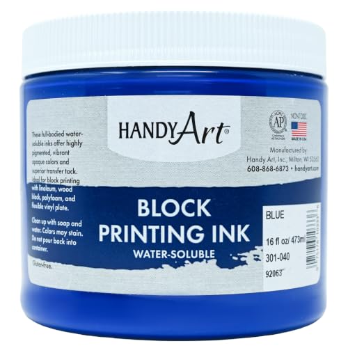 Handy Art Block Printing Ink, Blue, 16 oz Jar, Water-Soluble | Highly Pigmented Vibrant Opaque Color with Superior Transfer Tack, Water Soluble, Certified Safe & AP Non-Toxic, Made in USA - color: Blue, size: 16 Fl Oz