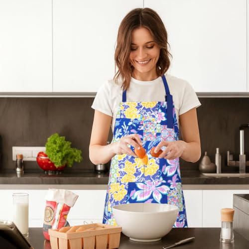 2 Pack Bid Aprons, Adjustable Kitchen Apron with 3 Pockets, Chef Works Apron. - color: Navy Flower