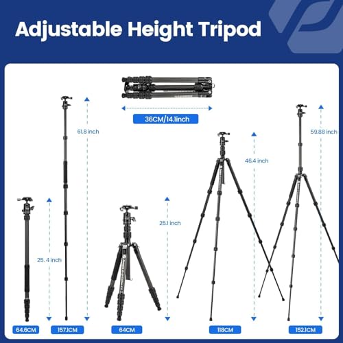 Fotopro 60" Carbon Fiber Travel Tripod for Camera, 2.0lb Ultra-Light, Flexible Center Axis, 360° Pan/Tilt Ball, Arca QR Plate, Max Load 13.6lb - color: Black, size: 62" Basic (Carbon Fiber)
