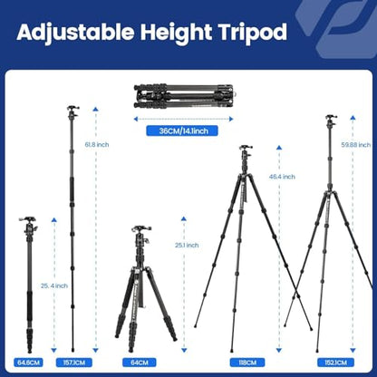 Fotopro 60" Carbon Fiber Travel Tripod for Camera, 2.0lb Ultra-Light, Flexible Center Axis, 360° Pan/Tilt Ball, Arca QR Plate, Max Load 13.6lb - color: Black, size: 62" Basic (Carbon Fiber)
