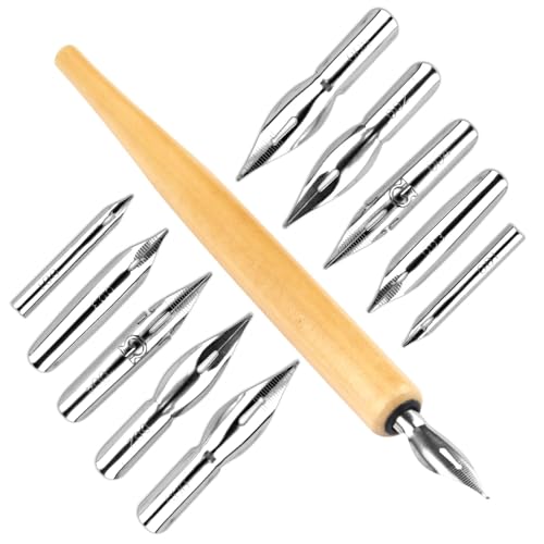 G-Pen Ink Nib Stainless Steel Drawing Comic Pen Nib, 11 Pcs Comic Pens Nib Set, Dip Pens Nibs Holders with Comic Nib, Calligraphy Wooden Drawing Holder with Stainless Steel Pen Nib for Writing