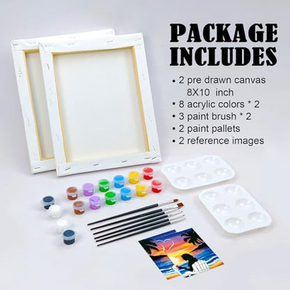 VOCHIC Sip and Paint Kit,Pre Drawn Canvas Couples Paint Party Kit Painting Art Set for Adults Date Night Sunset Beach Lovers 2 Pack (8 x 10 Inches) - size: 8x10, style: Sunset and Couple