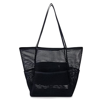 Iioscre Beach Bag for Women, Causal Hobo Handbags with Zipper Inner Pocket - color: Black-001