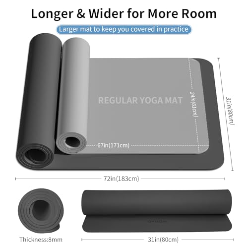 Extra Wide & Thick 8mm Yoga Mat, 72"x31.5" | Large Non Slip Exercise Mat, Premium POE Material, Superior Cushioning & Stability, With Strap for Home Gym, Pilates - color: Black