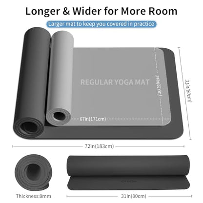 Extra Wide & Thick 8mm Yoga Mat, 72"x31.5" | Large Non Slip Exercise Mat, Premium POE Material, Superior Cushioning & Stability, With Strap for Home Gym, Pilates - color: Black