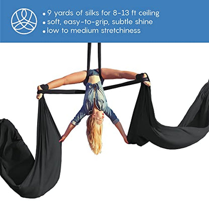 Aerial Silks Starter Kit, 9 Yards, Aerial Yoga Hammock, Hardware | Knitted fabric with pose guide, for aerial yoga, gymnastics, silk swing, stretching and home gym use, suitable for all levels - color: Black