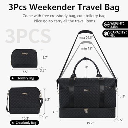 Weekender Bag, Large Travel Duffel Bag for Women, Carry on Overnight Bag with Shoe Compartment and Toiletry Bags - color: I-3PCS Black