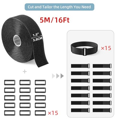 Trilancer 1.5''x 16Ft Heavy Duty Hook and Loop Straps with 15 Buckles | Adjustable, Cut-to-Length, Reusable Cinch Straps for Securing Cables, Hoses, Pipes, and More - size: 1.5'' x 16Ft