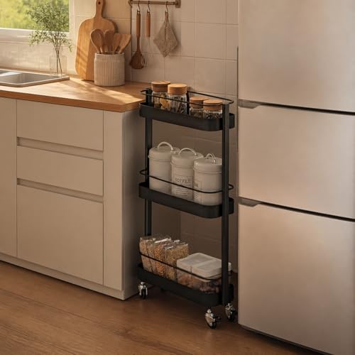 Narrow 3 Tier Rolling Cart, Slim Storage Cart for Bathroom Kitchen - color: Black, size: 4.72"D x 14.96"W x 28.74"H