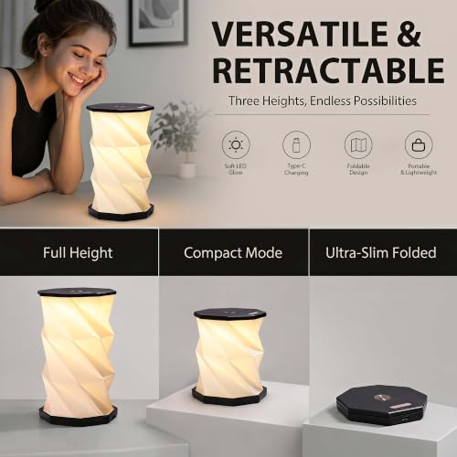 Portable Foldable Table Lamp, Japanese Gift, Paper Lantern Lights | Touch Control Dimmable Lamp with 3 Adjustable Heights, Rechargeable Warm Light, Travel Gifts for Women Men Couples (Black) - color: Black