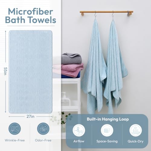 JML Microfiber Bath Towels, 2 Pack, 27x55 in, Light Blue - color: Diamond Cross Grid Light Blue, size: 2 Pack (27 in x 55 in)