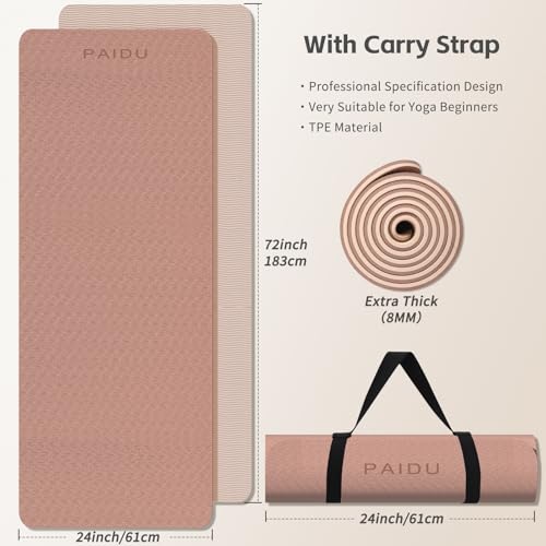 PAIDU Yoga Mat 8mm TPE Non‑Slip Fitness Mat with Strap for Home Workouts - color: 브라운&살구