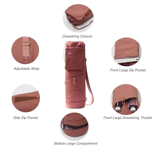 ESVAN Yoga Mat Bag with Multi Pockets Drawstring Yoga Mat Carrier Pilates Exercise Multi-Functional Storage Bag - color: Nylon Pink