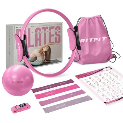 RitFit Pilates Ring 14 Inch Magic Fitness Circle for Inner Thigh Toning | Bonus Workout Guide & Storage Bag Included, Lightweight & Portable, Pilates Yoga Full Body Toning - style: Pink Kit