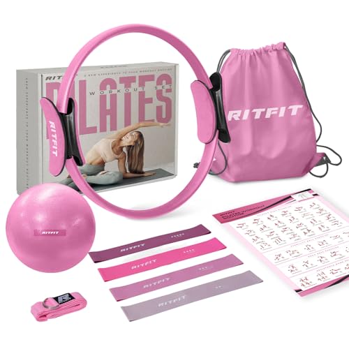 RitFit Pilates Ring 14 Inch Magic Fitness Circle for Inner Thigh Toning | Bonus Workout Guide & Storage Bag Included, Lightweight & Portable, Pilates Yoga Full Body Toning - style: Pink Kit