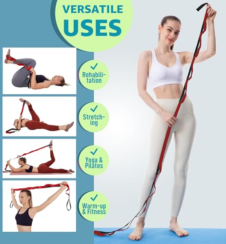 Calf Stretcher Multi Loop Stretch Strap - Physical Therapy Strap for Stretching, Calf Stretch Yoga Belt with Loops, Hamstring Stretcher, Leg Stretch Band, Fascia Stretcher & Arch Support Bands for Feet - color: Red