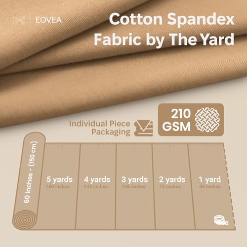 EOVEA - Cotton Spandex Fabric by The Yard - 4 Way Stretch Jersey Knit - Spandex & Cotton T-Shirt Fabric - Lightweight, Breathable - 60" Wide Roll| 10 oz(Khaki, 1 Yard) - color: Khaki, size: 1 Yard