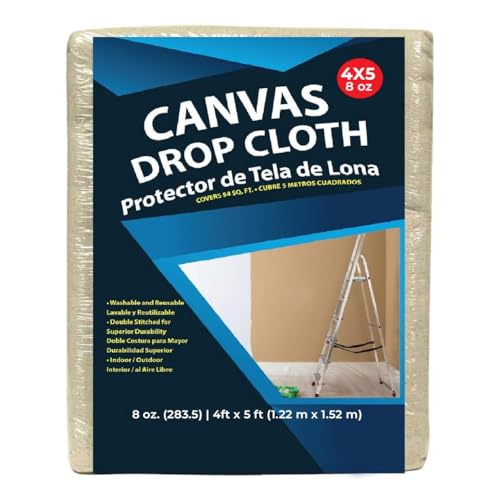 Premium Cotton Canvas Drop Cloth 8 oz, 4x5 ft – Heavy Duty Reusable Painter’s Cloth for Painting, Staining, DIY Projects, Furniture & Floor Protection, Washable Dust Sheet, Indoor & Outdoor Use