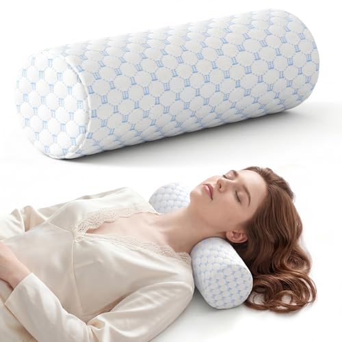 Neck Roll Pillow for Neck Pain Relief - Memory Foam Neck Support Pillow for Bed, Cylinder Pillows, Round Neck Pillow for Sleeping, 15.7 * 5 * 5 inch (Cool-Blue) - color: Cool Blue, size: Medium - 5.0" H