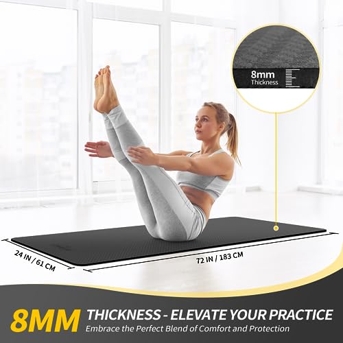 CAMBIVO Yoga Mat for Women Men Kids, 1/3 & 1/4 & 2/5 Inch Extra Thick Yoga Mat Non Slip, 72" x 24" TPE Yoga Mats, Workout Mat with Carrying Strap for Yoga, Pilates and Floor Exercises - color: Black, size: 72*24*0.31 inch