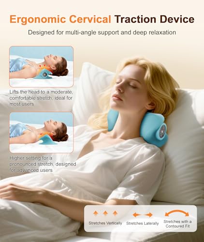 Neck Massager with Heat & Vibration 3 Level Adjustable, Heated Neck Stretcher with 6 Modes, Rechargeable Cervical Traction Device for Pain Relief & Muscle Relaxation, Gift for Women Men