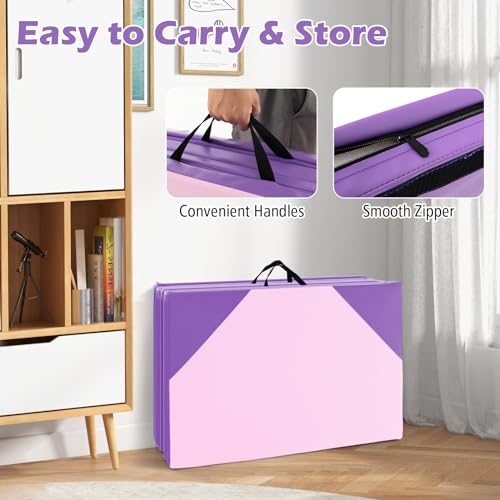 Giantex 4'x10'x 2" Gymnastics Mat, 4-Panel Folding Aerobics Exercise Mat w/Hook & Loop Fastener, Carrying Handle, Portable Tumbling Mat for Stretching Yoga Cheerleading Martial Arts - color: Purple/Baby Pink