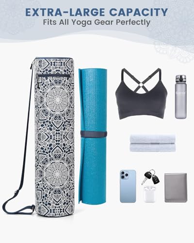 Gonex Yoga Mat Bag, Full-Zip Mat Carrier | 600D Oxford Fabric, Wet Pocket, Front Zip Pocket, Adjustable Strap, Fits Mats up to 26" - color: Navy Blossom