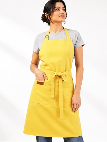 100% Cotton Kitchen Apron with 2 Pockets – Adjustable Chef Apron for Cooking Baking BBQ – Unisex Apron - color: Lemon