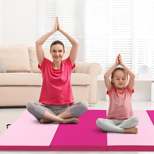Giantex 4'x10'x 2" Gymnastics Mat, 4-Panel Folding Aerobics Exercise Mat w/Hook & Loop Fastener, Carrying Handle, Portable Tumbling Mat for Stretching Yoga Cheerleading Martial Arts - color: Light Pink/Pink