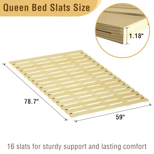 Japanese Tatami Mat Floor Bed, Knotless Solid Wood, Roll-Up Slatted Bed Plate with 2 Storage Straps, Moisture-Proof and Breathable for Floor Sleeping or Futon Mattress, Queen - size: Queen