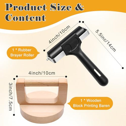 Coitak 1+1 Pcs Wooden Block Printing Baren with Rubber Brayer Roller | Block Printing Press Kit, For Crafting, Inking, Stamping, Linocut