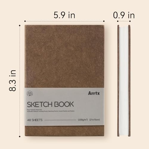 Arrtx A5 Premium Sketchbook, 96 Pages, 50% Cotton, 230 GSM, Hardcover | Acid-Free Paper, Thick 230GSM Drawing Pad. Ideal for Watercolor, Ink, Pencil & Art Professionals - color: Brown