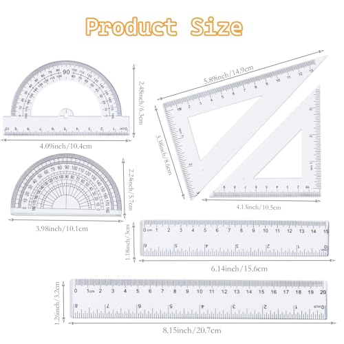 Geometry Set, 6-piece Clear Plastic Math Ruler, Drafting Ruler Kit Includes Protractor, Triangle Ruler, Straight Ruler-Math Measurement Tools for Students, School and Office Supplies